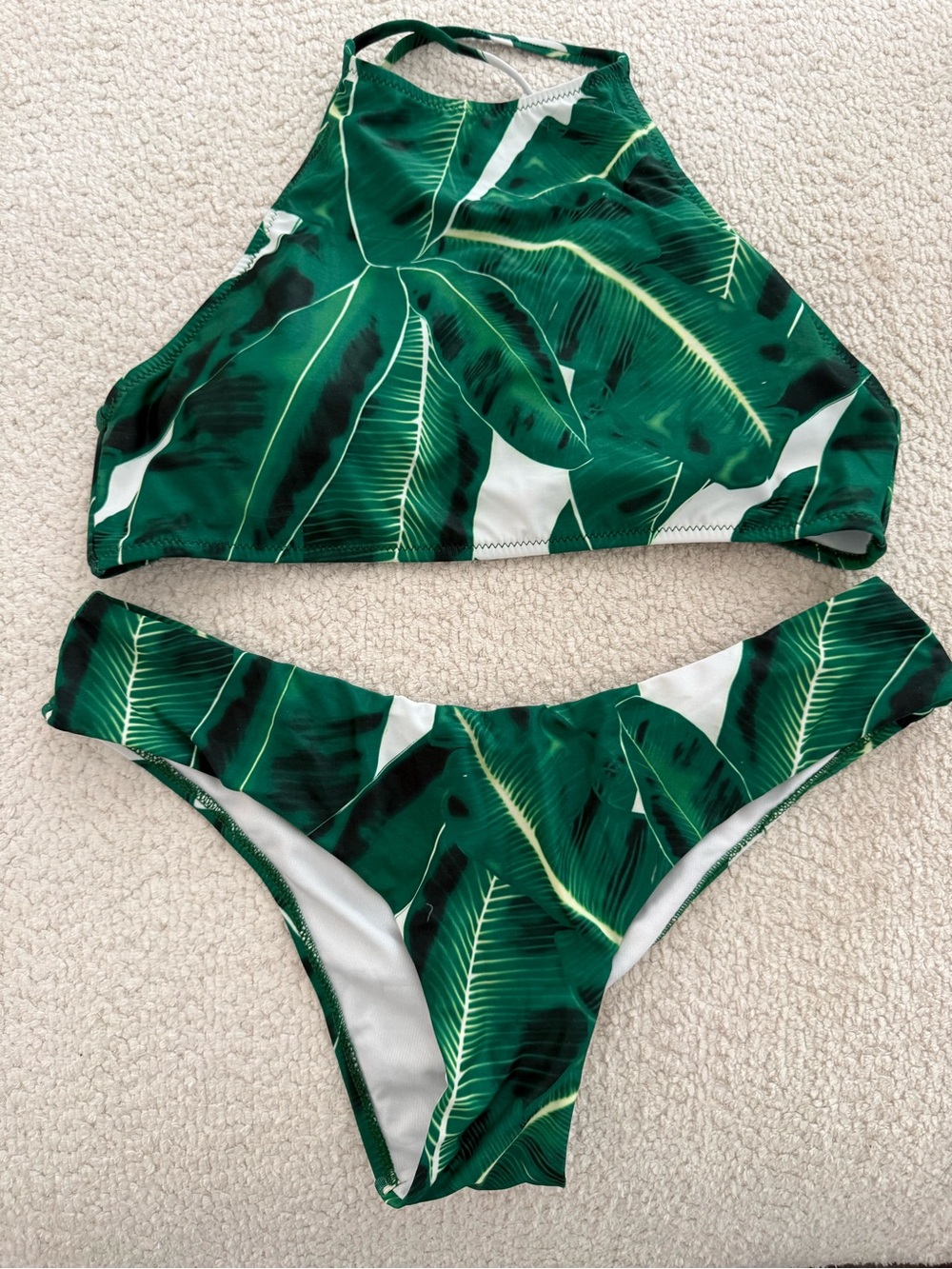 High-Neck Green Leaf Print Bikini Set - Women Swim L